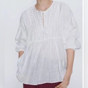 **Zara Elegant White Peasant Oversized 100% Linen Blouse